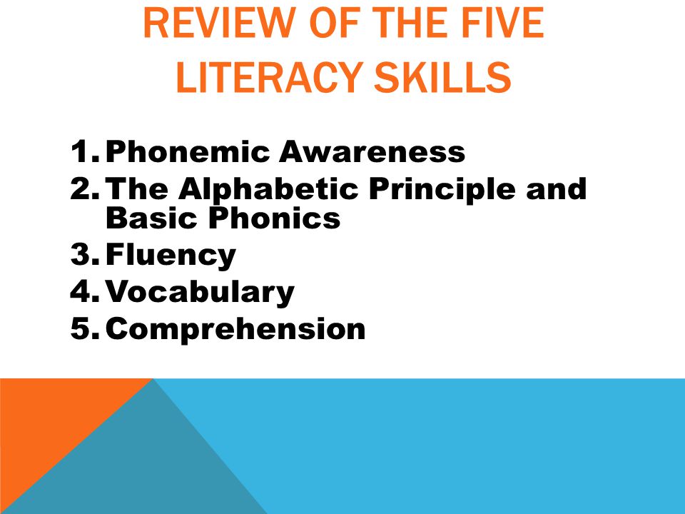 REVIEW OF THE FIVE LITERACY SKILLS 1.Phonemic Awareness 2.The Alphabetic Principle and Basic Phonics 3.Fluency 4.Vocabulary 5.Comprehension