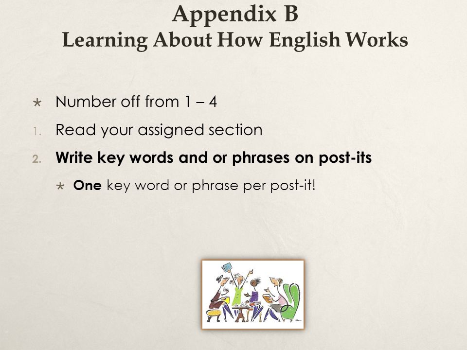 Appendix B Learning About How English Works  Number off from 1 – 4 1.