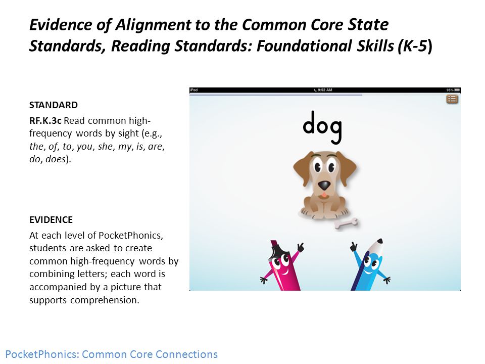 Evidence of Alignment to the Common Core State Standards, Reading Standards: Foundational Skills (K-5) STANDARD RF.K.3c Read common high- frequency words by sight (e.g., the, of, to, you, she, my, is, are, do, does).