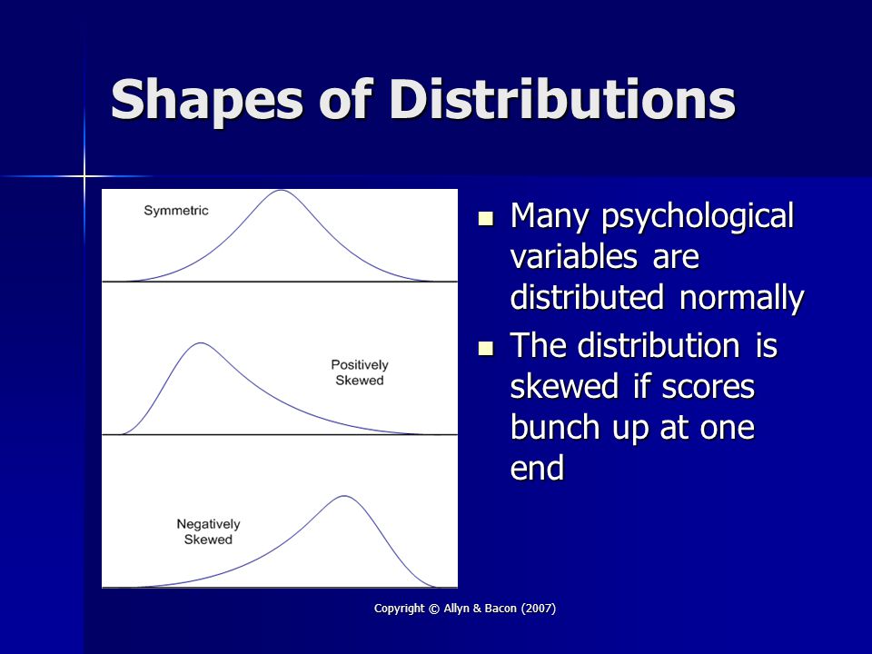 Copyright © Allyn & Bacon (2007) Shapes of Distributions Many psychological variables are distributed normally Many psychological variables are distributed normally The distribution is skewed if scores bunch up at one end The distribution is skewed if scores bunch up at one end