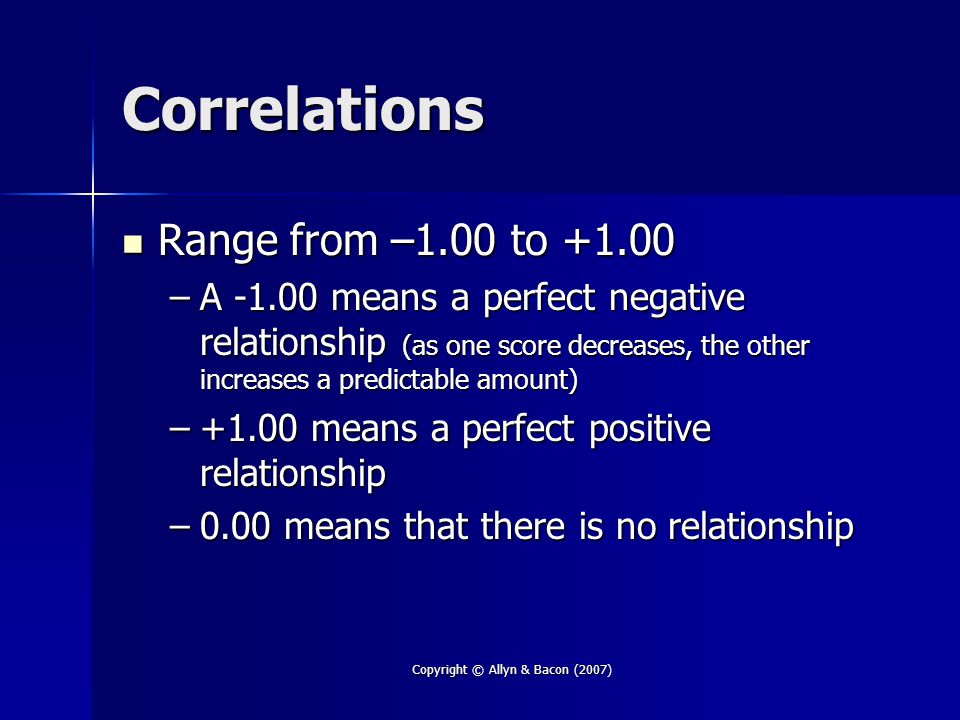 Copyright © Allyn & Bacon (2007) Correlations Range from –1.00 to Range from –1.00 to –A means a perfect negative relationship (as one score decreases, the other increases a predictable amount) –+1.00 means a perfect positive relationship –0.00 means that there is no relationship