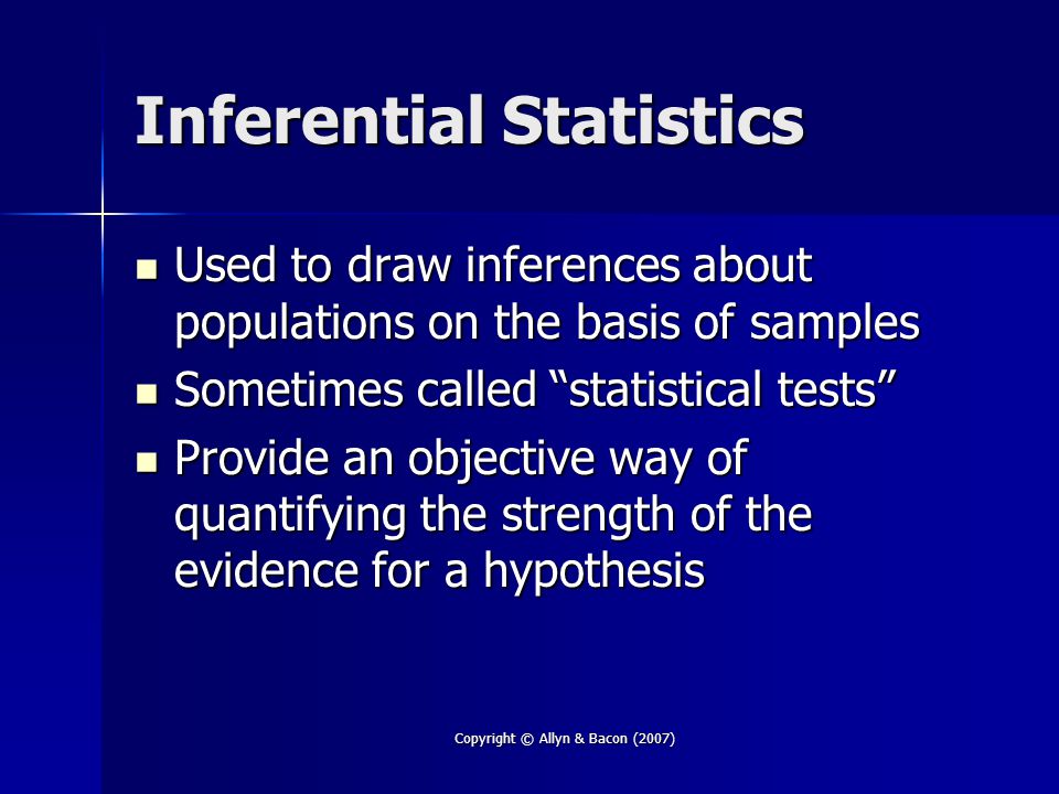 Copyright © Allyn & Bacon (2007) Inferential Statistics Used to draw inferences about populations on the basis of samples Used to draw inferences about populations on the basis of samples Sometimes called statistical tests Sometimes called statistical tests Provide an objective way of quantifying the strength of the evidence for a hypothesis Provide an objective way of quantifying the strength of the evidence for a hypothesis