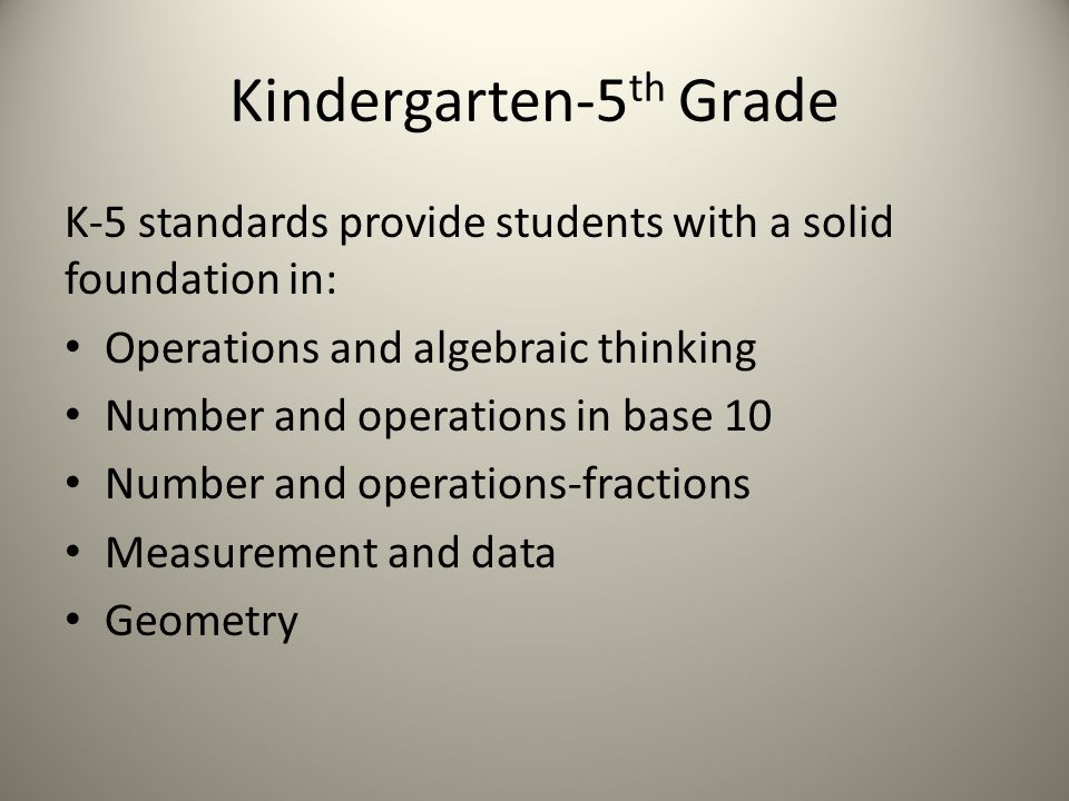Kindergarten-5 th Grade K-5 standards provide students with a solid foundation in: Operations and algebraic thinking Number and operations in base 10 Number and operations-fractions Measurement and data Geometry