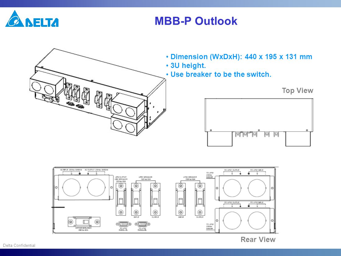 Delta Confidential MBB-P Outlook Dimension (WxDxH): 440 x 195 x 131 mm 3U height.