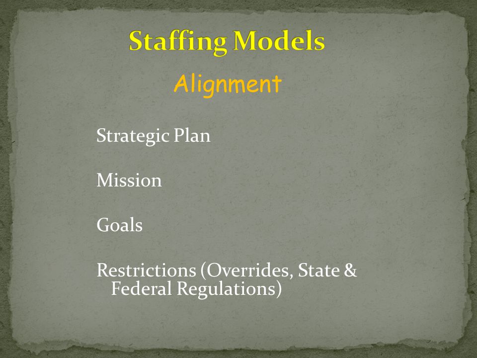 Strategic Plan Mission Goals Restrictions (Overrides, State & Federal Regulations) Alignment