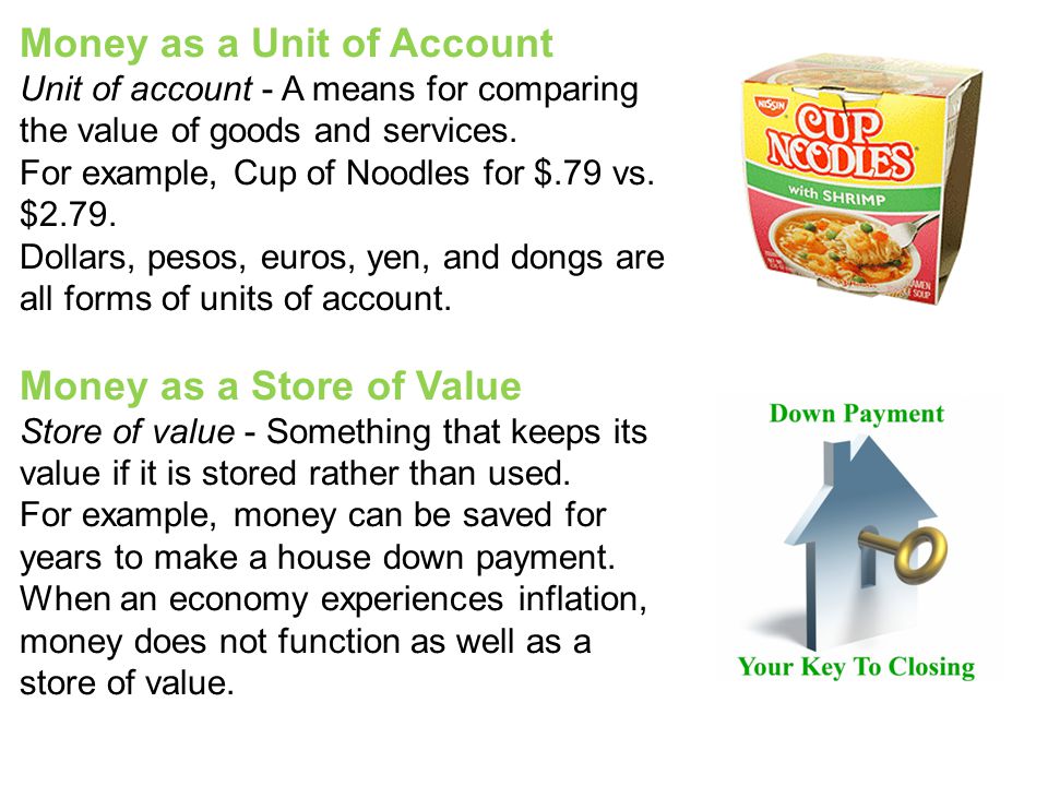 Money as a Unit of Account Unit of account - A means for comparing the value of goods and services.