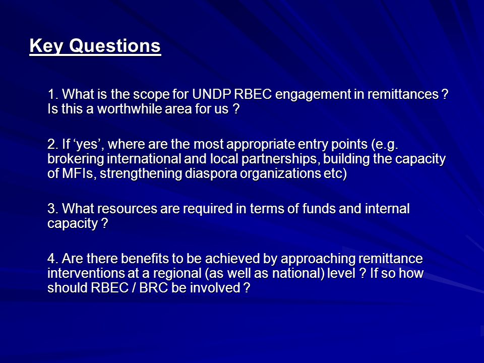 Key Questions 1. What is the scope for UNDP RBEC engagement in remittances .