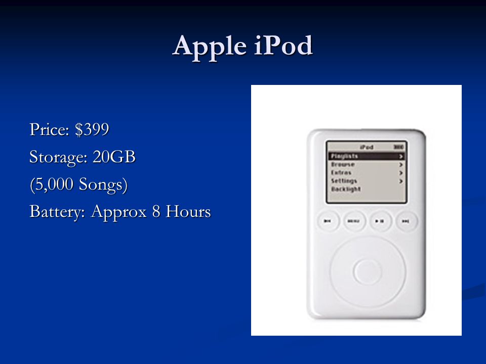 Apple iPod Price: $399 Storage: 20GB (5,000 Songs) Battery: Approx 8 Hours