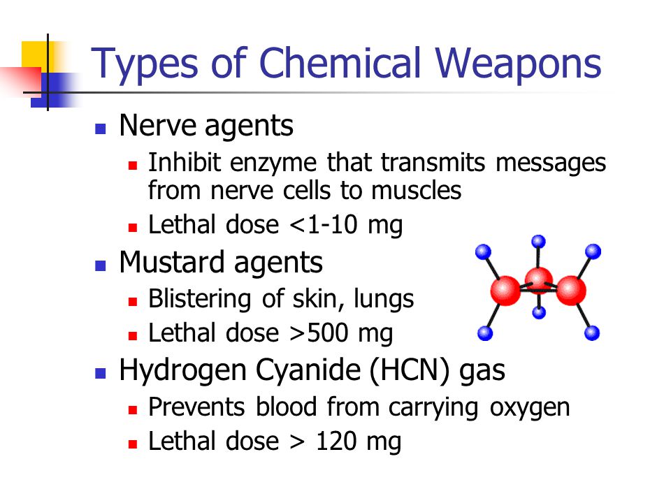 Types of Chemical Weapons Nerve agents Inhibit enzyme that transmits messages from nerve cells to muscles Lethal dose <1-10 mg Mustard agents Blistering of skin, lungs Lethal dose >500 mg Hydrogen Cyanide (HCN) gas Prevents blood from carrying oxygen Lethal dose > 120 mg