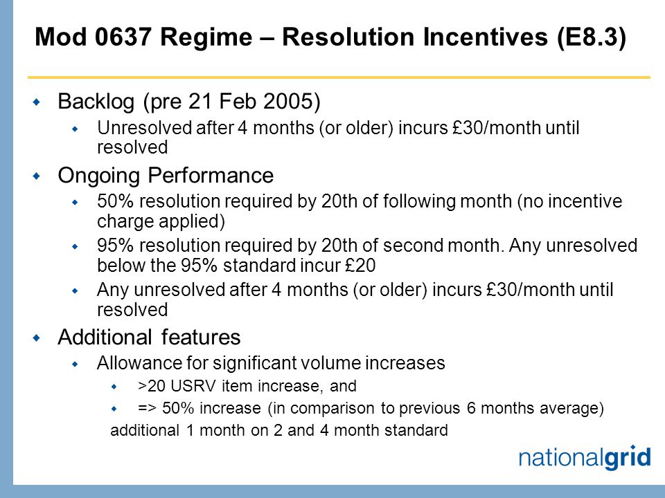 Mod 0637 Regime – Resolution Incentives (E8.3)  Backlog (pre 21 Feb 2005)  Unresolved after 4 months (or older) incurs £30/month until resolved  Ongoing Performance  50% resolution required by 20th of following month (no incentive charge applied)  95% resolution required by 20th of second month.
