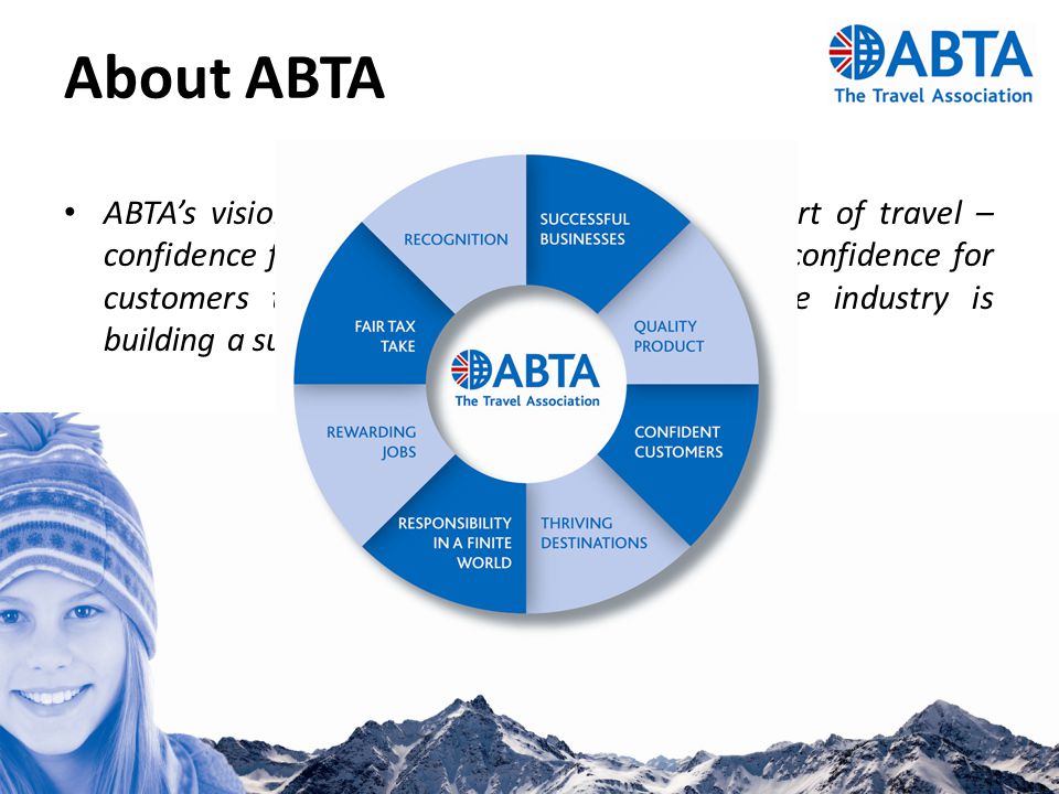 About ABTA ABTA’s vision is to build confidence at the heart of travel – confidence for companies to trade and invest; confidence for customers to book; and confidence that the industry is building a sustainable future.