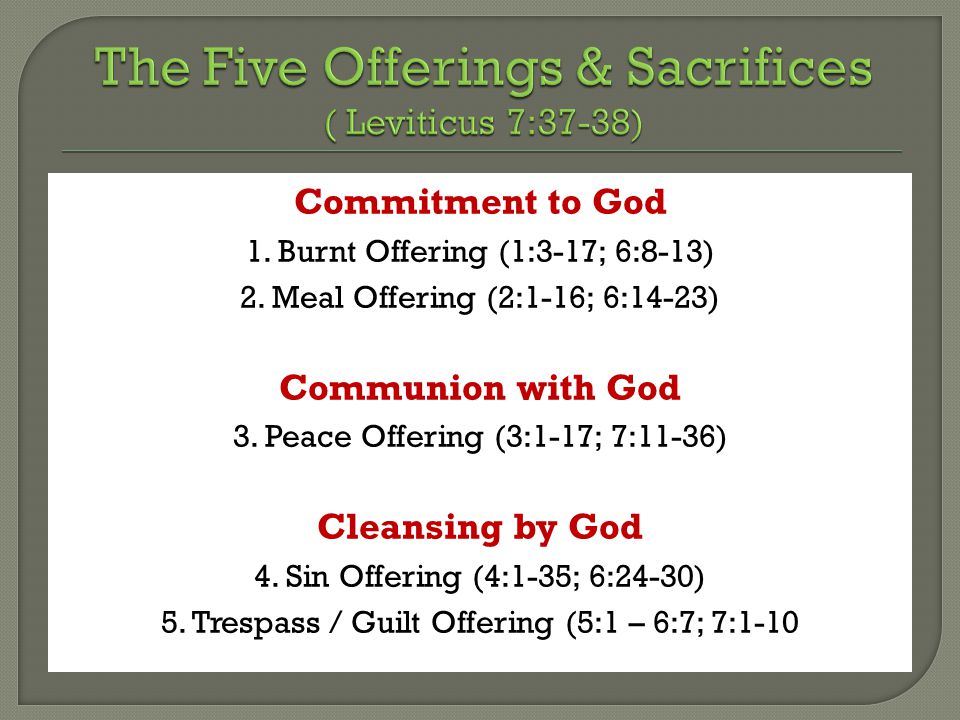 Commitment to God 1. Burnt Offering (1:3-17; 6:8-13) 2.