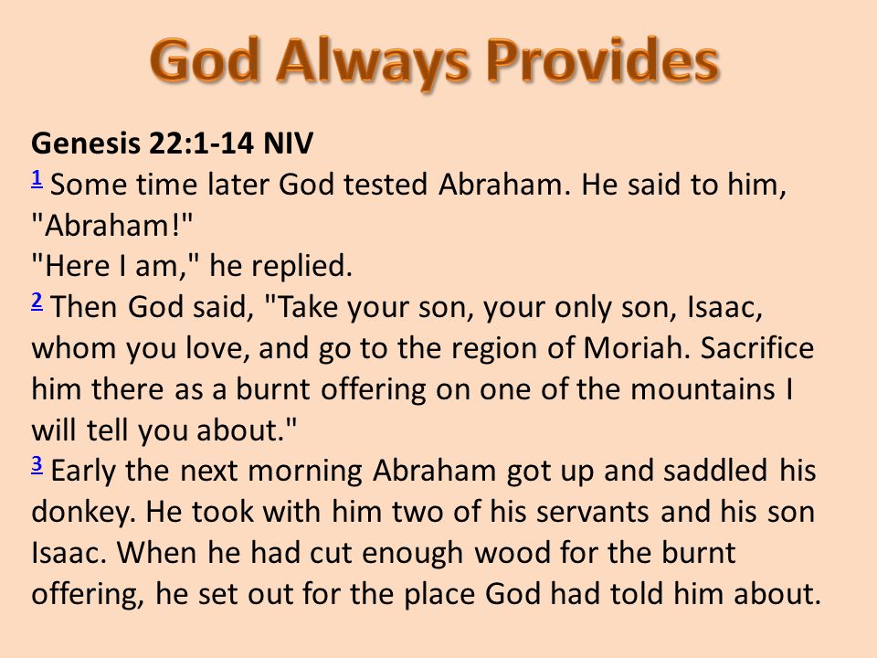 Genesis 22:1-14 NIV 1 1 Some time later God tested Abraham.