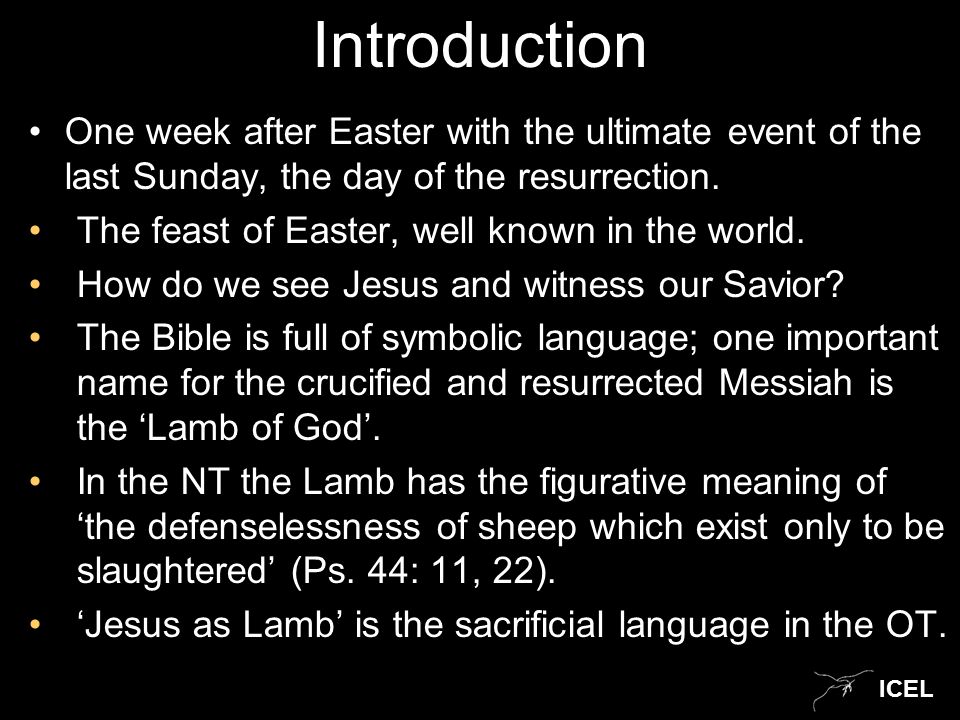ICEL Introduction One week after Easter with the ultimate event of the last Sunday, the day of the resurrection.