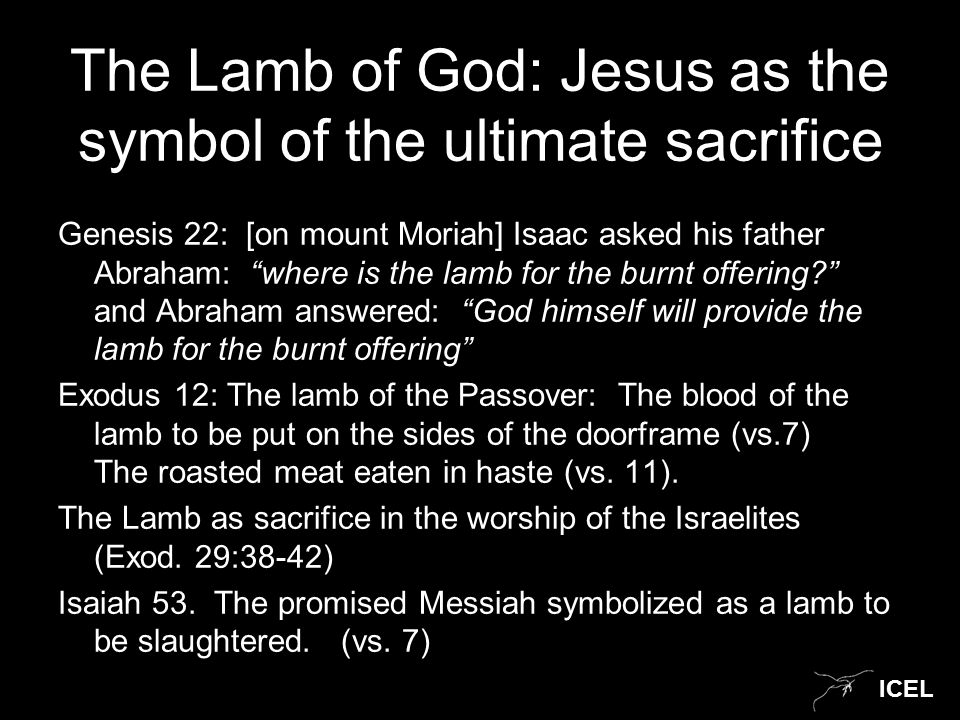 ICEL The Lamb of God: Jesus as the symbol of the ultimate sacrifice Genesis 22: [on mount Moriah] Isaac asked his father Abraham: where is the lamb for the burnt offering and Abraham answered: God himself will provide the lamb for the burnt offering Exodus 12: The lamb of the Passover: The blood of the lamb to be put on the sides of the doorframe (vs.7) The roasted meat eaten in haste (vs.