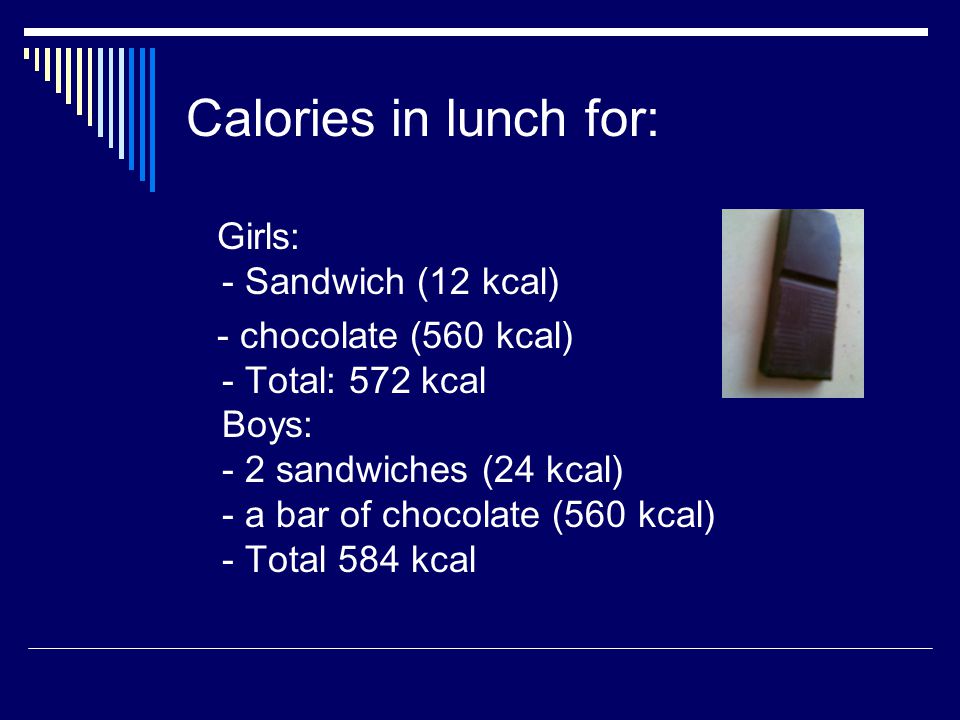 Calories in lunch for: Girls: - Sandwich (12 kcal) - chocolate (560 kcal) - Total: 572 kcal Boys: - 2 sandwiches (24 kcal) - a bar of chocolate (560 kcal) - Total 584 kcal