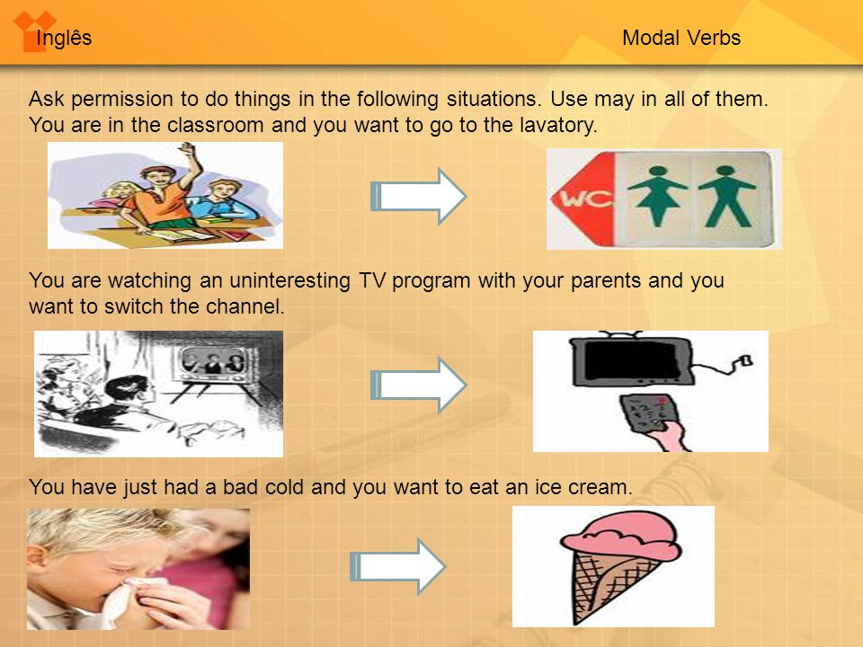 InglêsModal Verbs Ask permission to do things in the following situations.