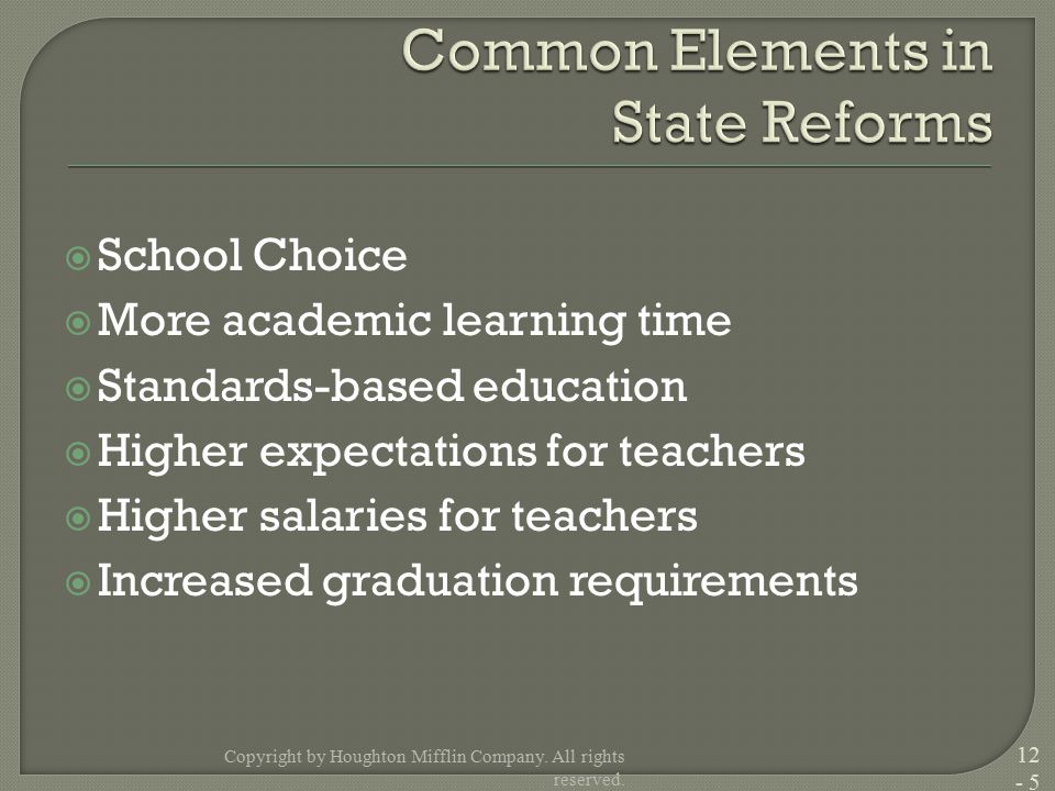  School Choice  More academic learning time  Standards-based education  Higher expectations for teachers  Higher salaries for teachers  Increased graduation requirements Copyright by Houghton Mifflin Company.