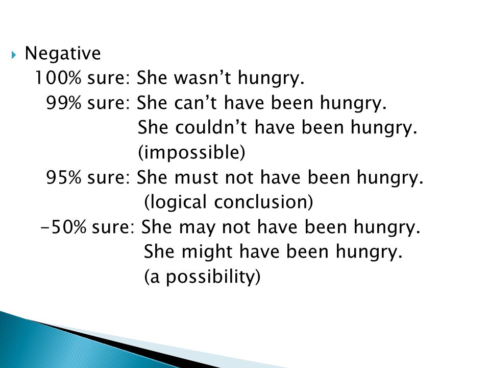  Negative 100% sure: She wasn’t hungry. 99% sure: She can’t have been hungry.