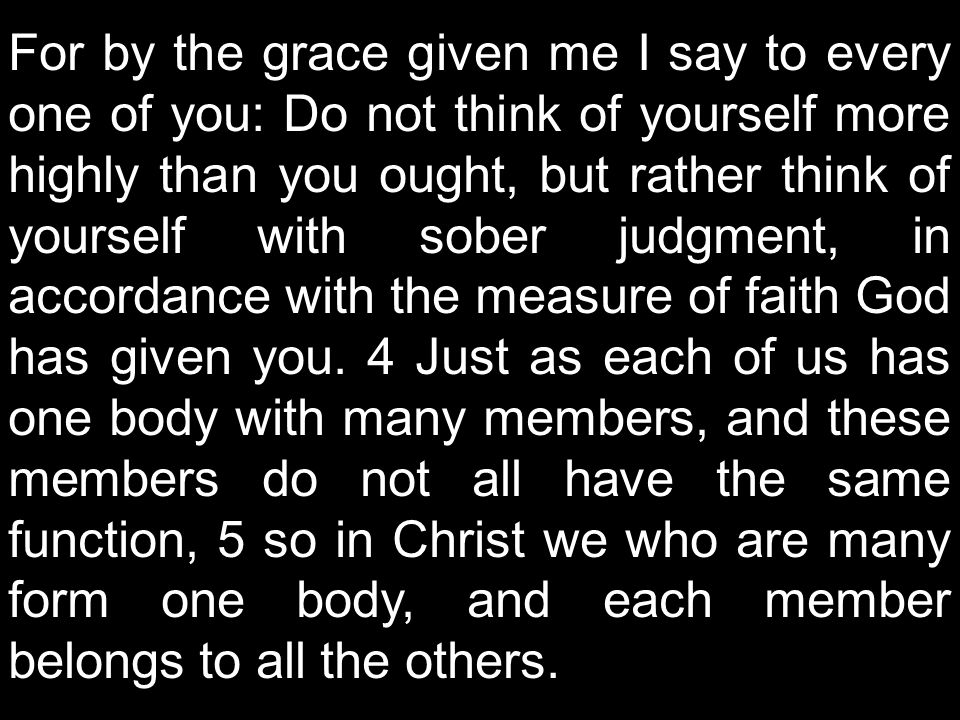 For by the grace given me I say to every one of you: Do not think of yourself more highly than you ought, but rather think of yourself with sober judgment, in accordance with the measure of faith God has given you.