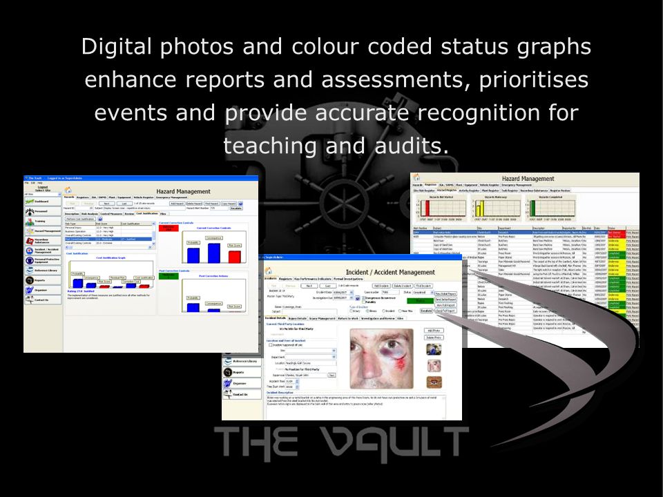 Digital photos and colour coded status graphs enhance reports and assessments, prioritises events and provide accurate recognition for teaching and audits.