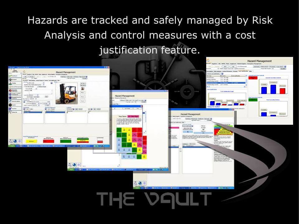 Hazards are tracked and safely managed by Risk Analysis and control measures with a cost justification feature.