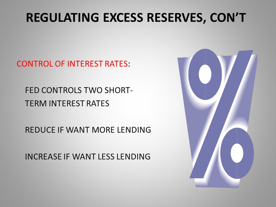 REGULATING EXCESS RESERVES, CON’T CONTROL OF INTEREST RATES: FED CONTROLS TWO SHORT- TERM INTEREST RATES REDUCE IF WANT MORE LENDING INCREASE IF WANT LESS LENDING