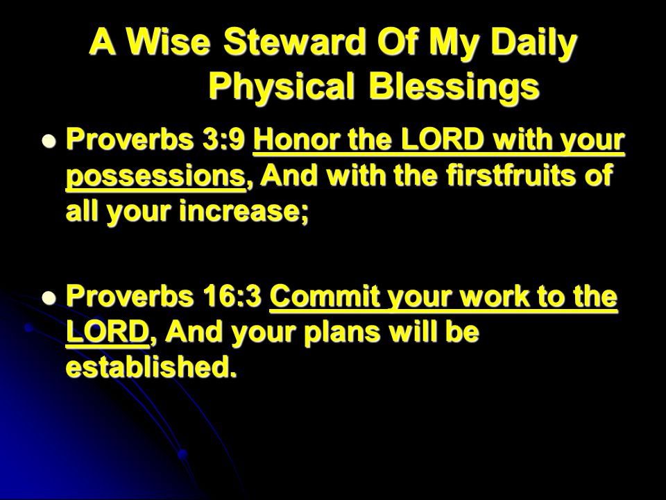 A Wise Steward Of My Daily Physical Blessings Proverbs 3:9 Honor the LORD with your possessions, And with the firstfruits of all your increase; Proverbs 3:9 Honor the LORD with your possessions, And with the firstfruits of all your increase; Proverbs 16:3 Commit your work to the LORD, And your plans will be established.