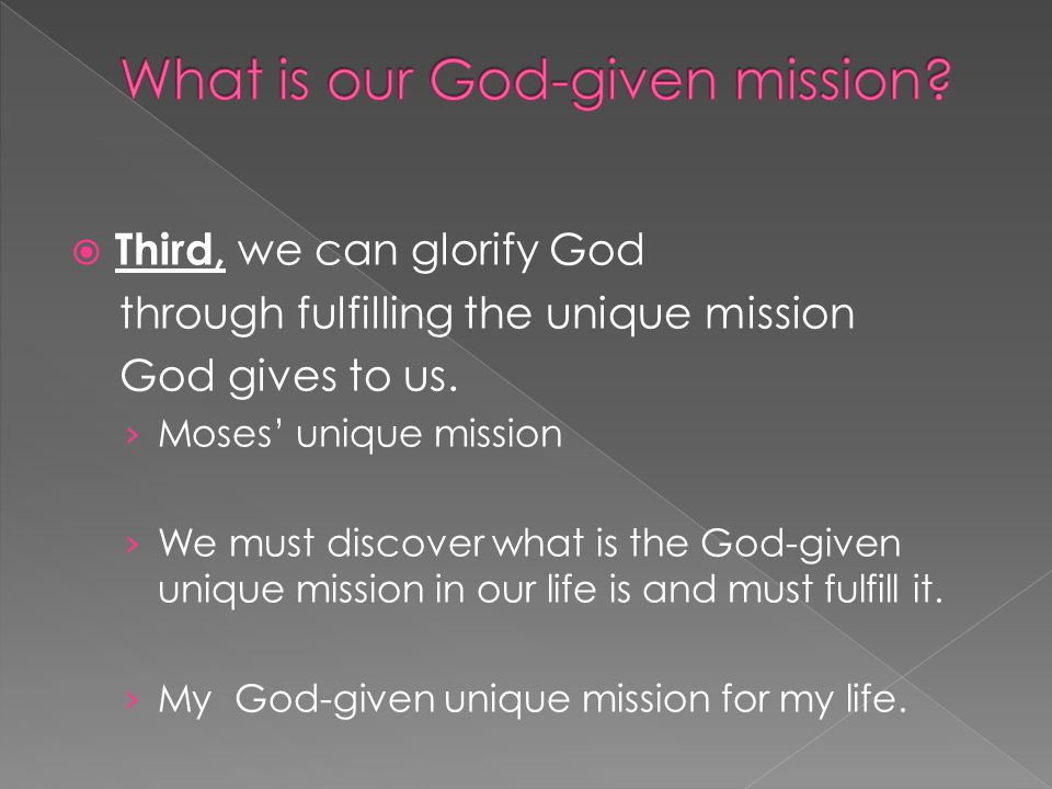  Third, we can glorify God through fulfilling the unique mission God gives to us.