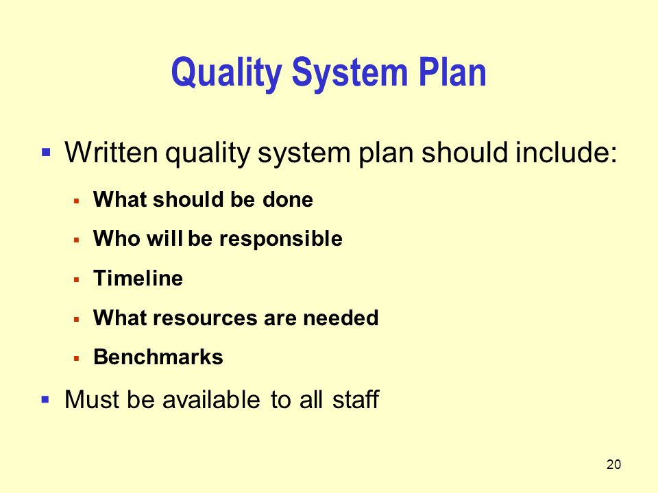 20 Quality System Plan  Written quality system plan should include:  What should be done  Who will be responsible  Timeline  What resources are needed  Benchmarks  Must be available to all staff