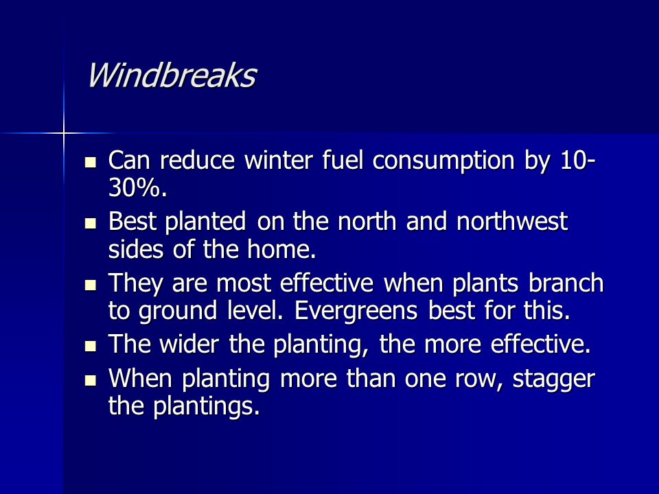 Windbreaks Can reduce winter fuel consumption by %.