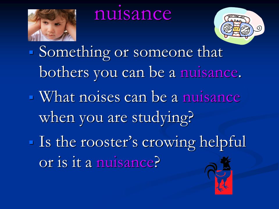 nuisance  Something or someone that bothers you can be a nuisance.