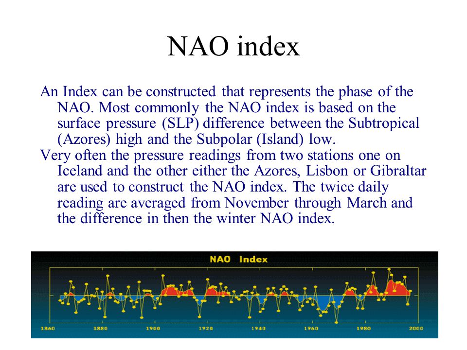 NAO index An Index can be constructed that represents the phase of the NAO.