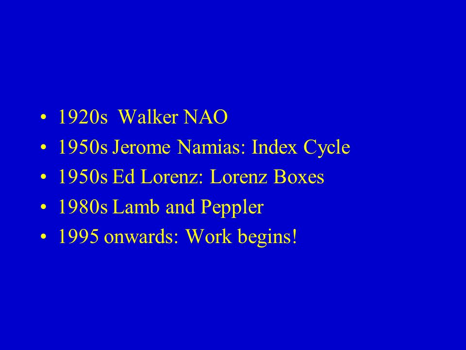 1920sWalker NAO 1950s Jerome Namias: Index Cycle 1950s Ed Lorenz: Lorenz Boxes 1980s Lamb and Peppler 1995 onwards: Work begins!