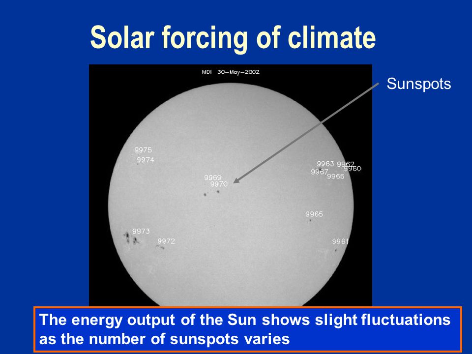 Solar forcing of climate Sunspots The energy output of the Sun shows slight fluctuations as the number of sunspots varies
