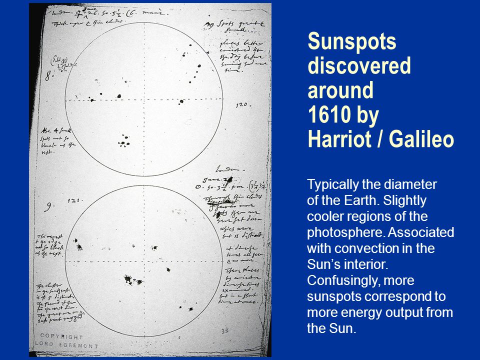 Sunspots discovered around 1610 by Harriot / Galileo Typically the diameter of the Earth.