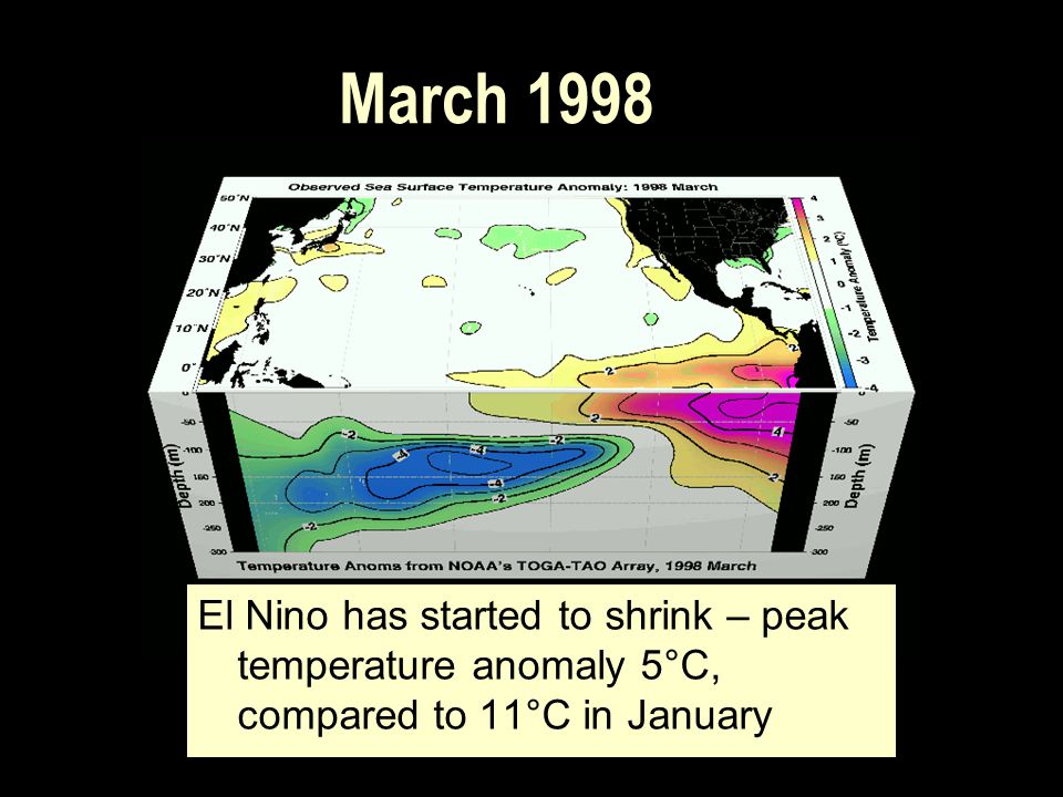 March 1998 El Nino has started to shrink – peak temperature anomaly 5°C, compared to 11°C in January