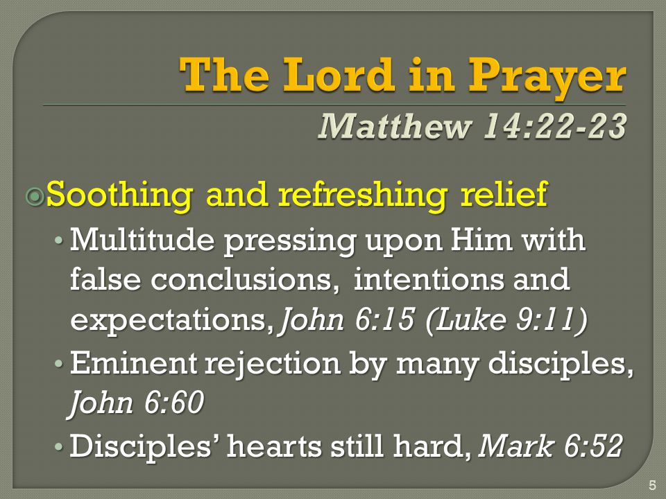  Soothing and refreshing relief Multitude pressing upon Him with false conclusions, intentions and expectations, John 6:15 (Luke 9:11) Multitude pressing upon Him with false conclusions, intentions and expectations, John 6:15 (Luke 9:11) Eminent rejection by many disciples, John 6:60 Eminent rejection by many disciples, John 6:60 Disciples’ hearts still hard, Mark 6:52 Disciples’ hearts still hard, Mark 6:52 5