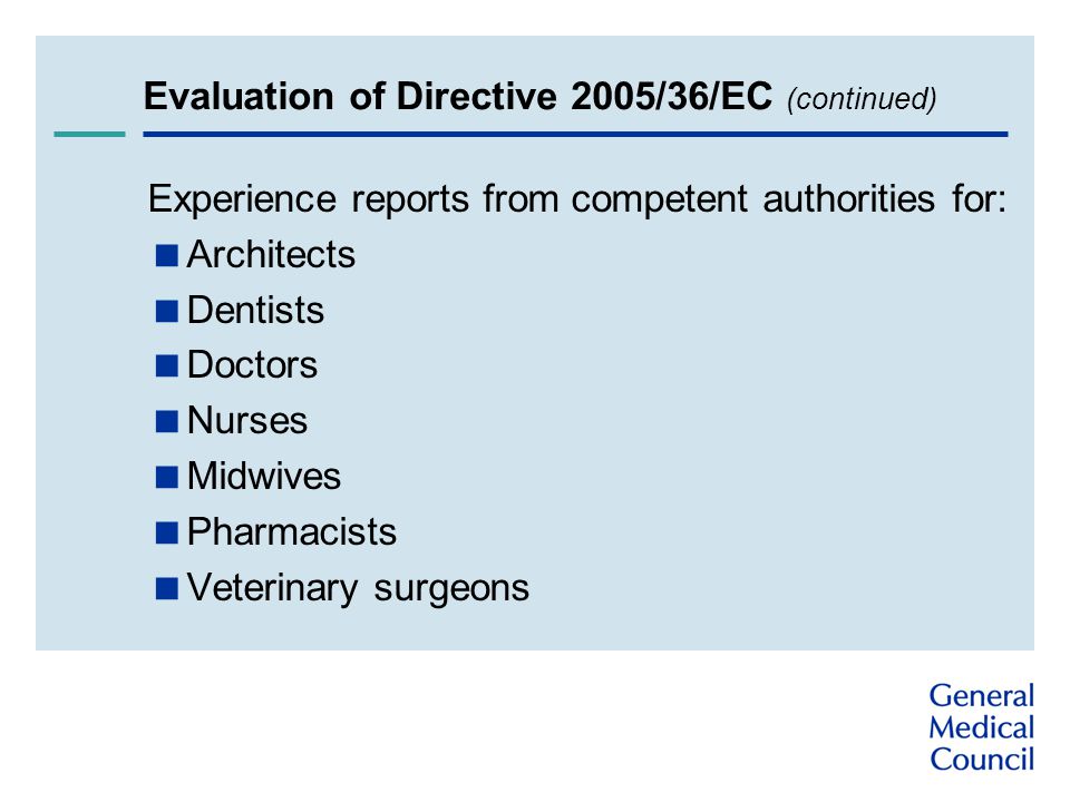 Evaluation of Directive 2005/36/EC (continued) Experience reports from competent authorities for:  Architects  Dentists  Doctors  Nurses  Midwives  Pharmacists  Veterinary surgeons