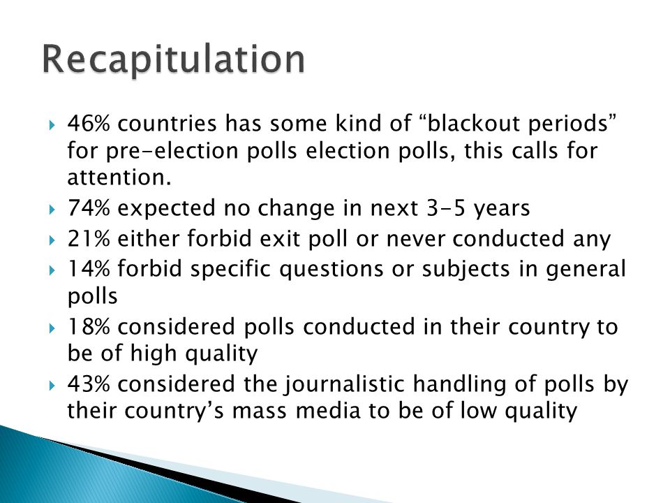  46% countries has some kind of blackout periods for pre-election polls election polls, this calls for attention.
