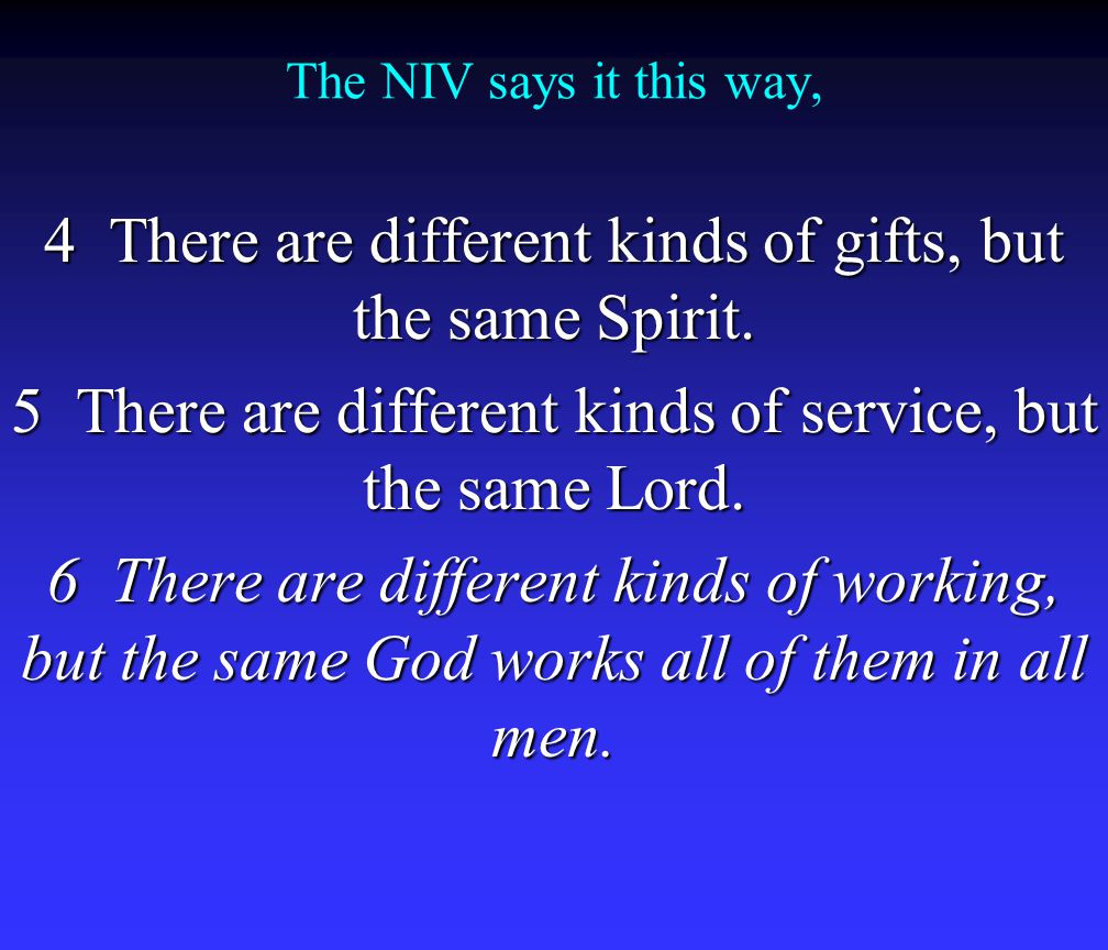 The NIV says it this way, 4 There are different kinds of gifts, but the same Spirit.