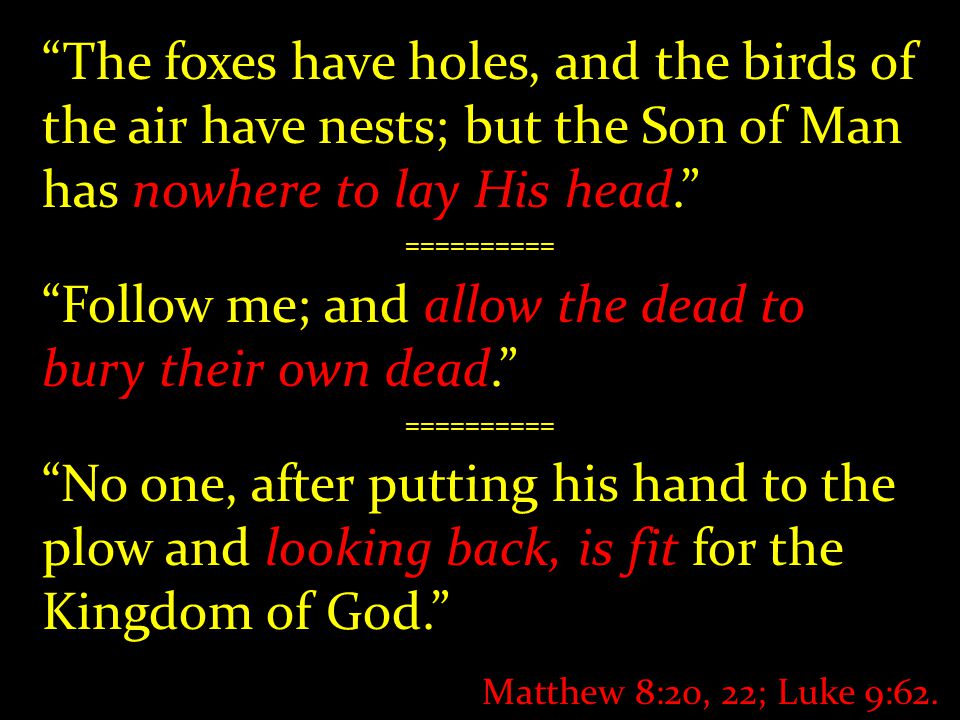 The foxes have holes, and the birds of the air have nests; but the Son of Man has nowhere to lay His head. ========== Follow me; and allow the dead to bury their own dead. ========== No one, after putting his hand to the plow and looking back, is fit for the Kingdom of God. Matthew 8:20, 22; Luke 9:62.