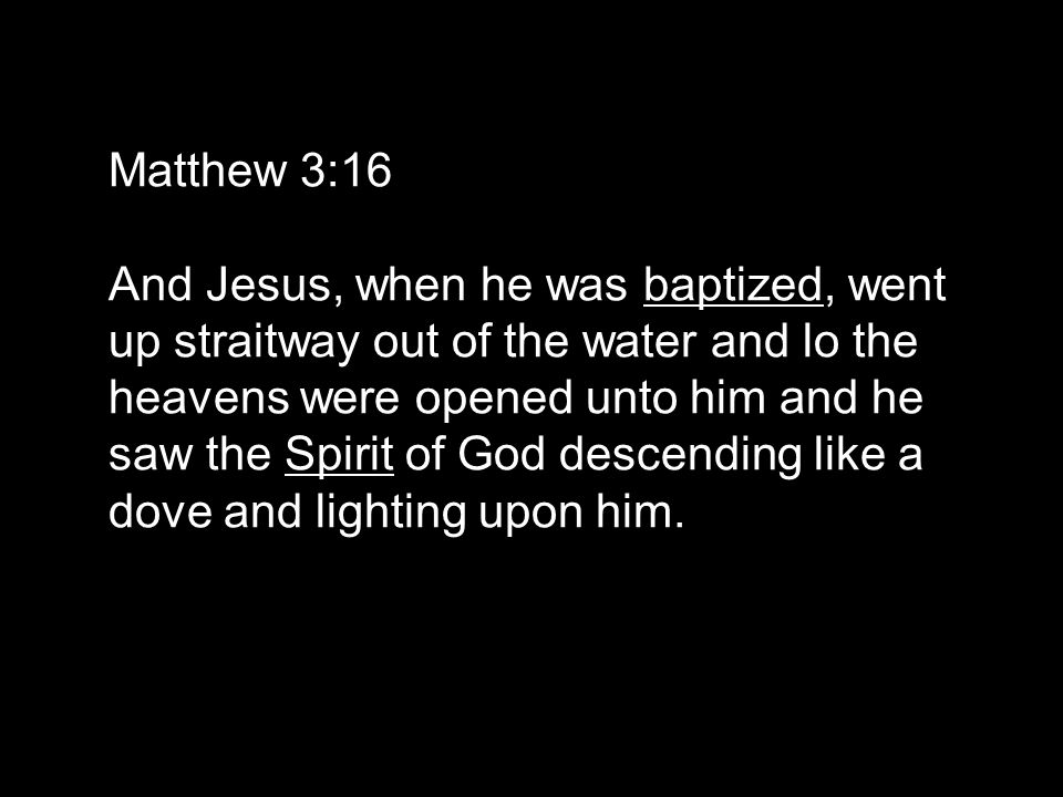 Matthew 3:16 And Jesus, when he was baptized, went up straitway out of the water and lo the heavens were opened unto him and he saw the Spirit of God descending like a dove and lighting upon him.