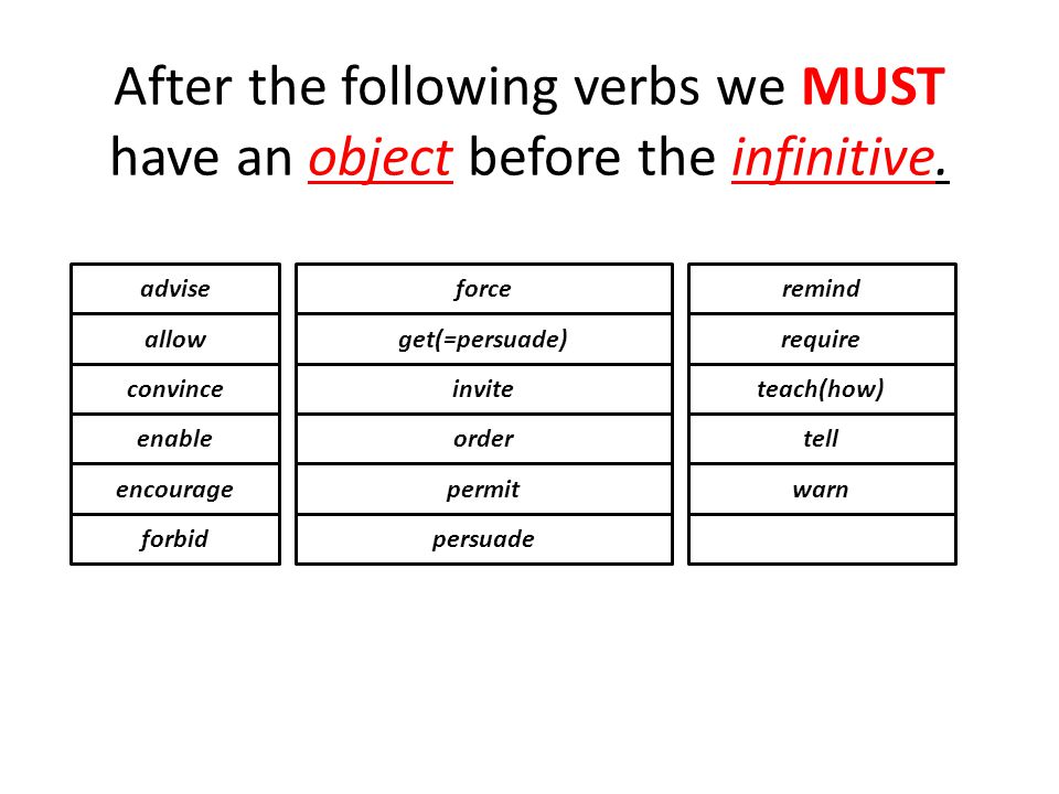 After the following verbs we MUST have an object before the infinitive.