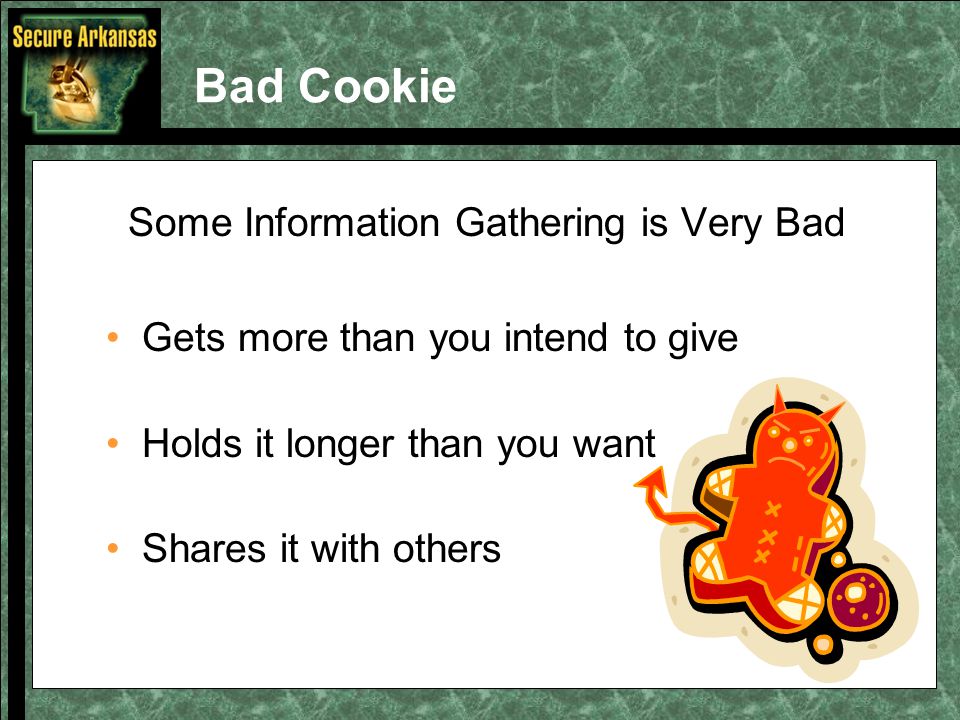 Bad Cookie Some Information Gathering is Very Bad Gets more than you intend to give Holds it longer than you want Shares it with others