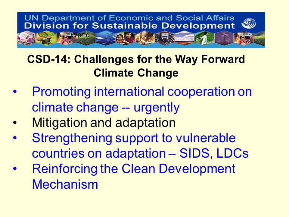 Promoting international cooperation on climate change -- urgently Mitigation and adaptation Strengthening support to vulnerable countries on adaptation – SIDS, LDCs Reinforcing the Clean Development Mechanism CSD-14: Challenges for the Way Forward Climate Change Wpr;d