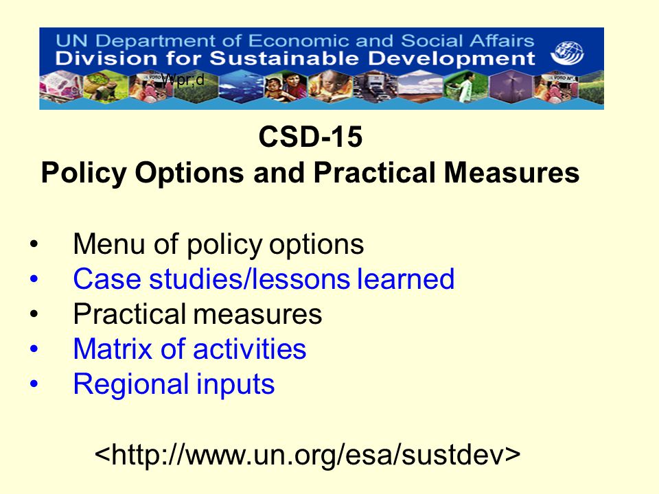 Menu of policy options Case studies/lessons learned Practical measures Matrix of activities Regional inputs CSD-15 Policy Options and Practical Measures Wpr;d