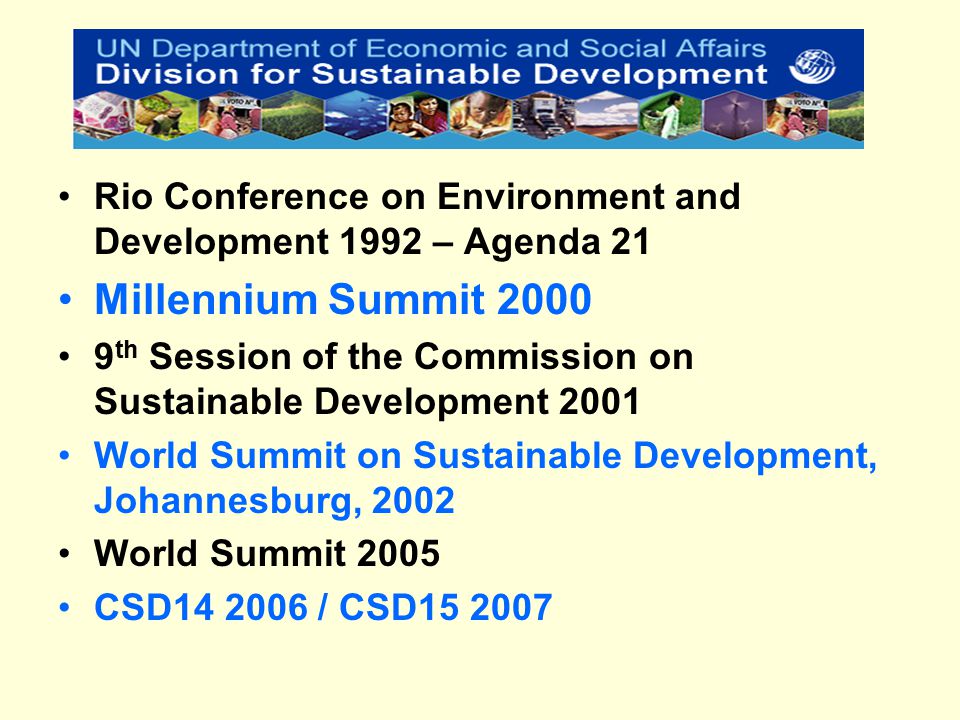 Rio Conference on Environment and Development 1992 – Agenda 21 Millennium Summit th Session of the Commission on Sustainable Development 2001 World Summit on Sustainable Development, Johannesburg, 2002 World Summit 2005 CSD / CSD