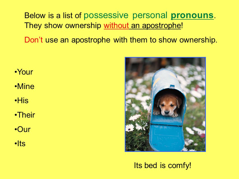 Below is a list of possessive personal pronouns. They show ownership without an apostrophe.