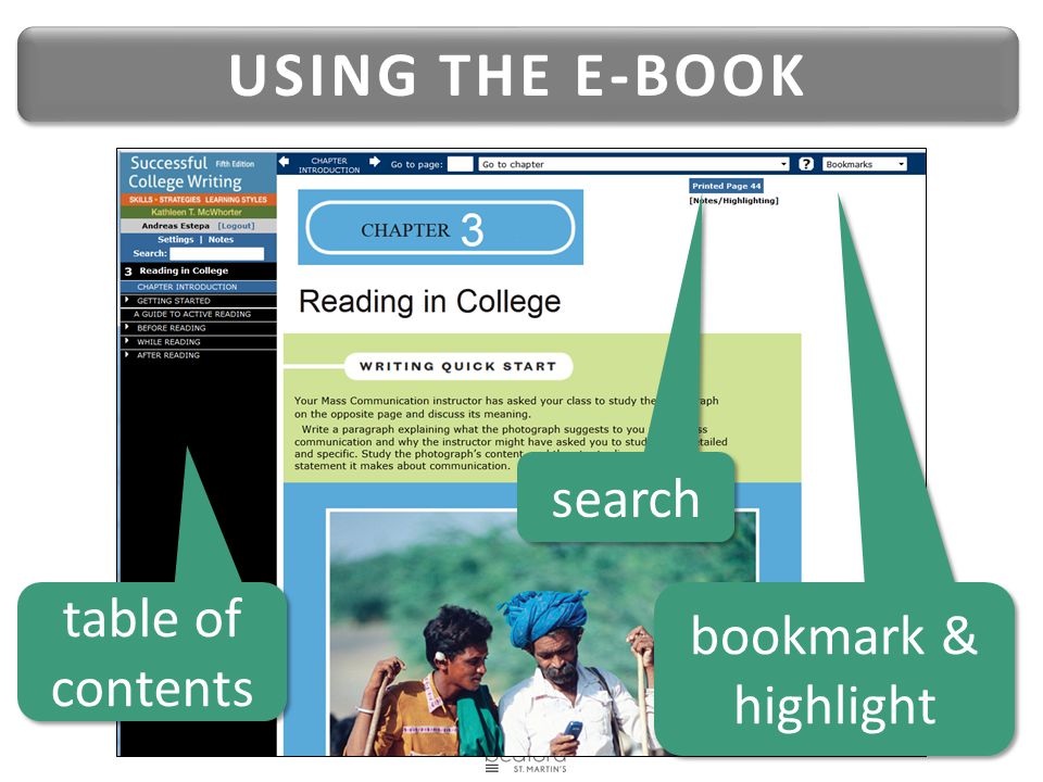 USING THE E-BOOK table of contents search bookmark & highlight